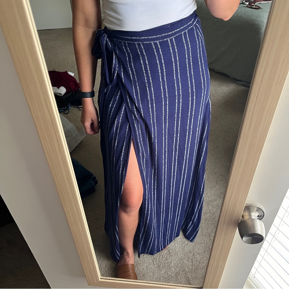 Lulus Whole Wide World Navy Blue Print Wrap Maxi Skirt - Size Medium